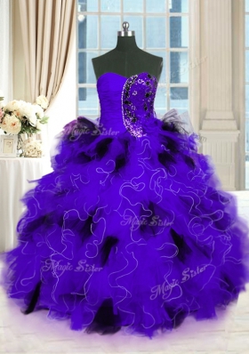 Elegant Strapless Sleeveless 15th Birthday Dress Floor Length Beading and Ruffles Black And Purple Tulle