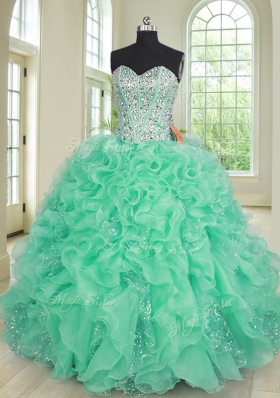 Extravagant Sweetheart Sleeveless Sweet 16 Dress Floor Length Beading and Ruffles Turquoise Organza and Sequined