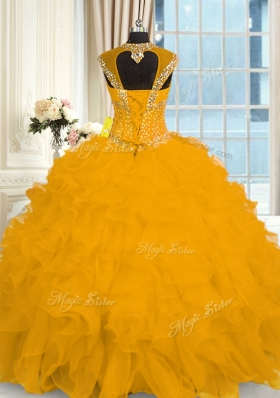 Floor Length Gold Sweet 16 Quinceanera Dress Straps Cap Sleeves Lace Up