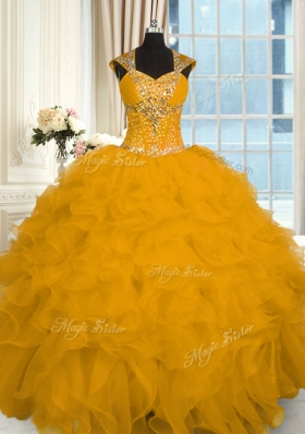 Floor Length Gold Sweet 16 Quinceanera Dress Straps Cap Sleeves Lace Up