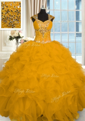 Floor Length Gold Sweet 16 Quinceanera Dress Straps Cap Sleeves Lace Up