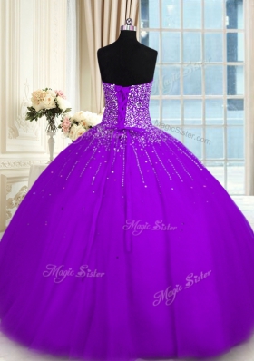 Floor Length Purple Quinceanera Gown Tulle Sleeveless Beading