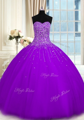 Floor Length Purple Quinceanera Gown Tulle Sleeveless Beading