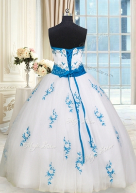 Floor Length White Vestidos de Quinceanera Tulle Sleeveless Embroidery and Belt