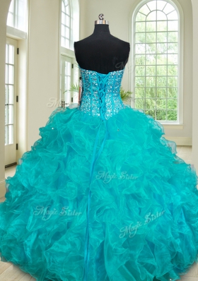 Four Piece Beading and Ruffles 15 Quinceanera Dress Teal Lace Up Sleeveless Floor Length
