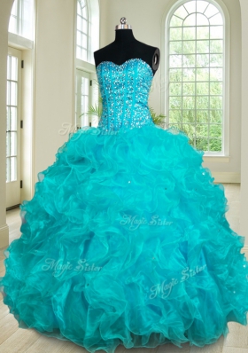 Four Piece Beading and Ruffles 15 Quinceanera Dress Teal Lace Up Sleeveless Floor Length