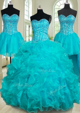Four Piece Beading and Ruffles 15 Quinceanera Dress Teal Lace Up Sleeveless Floor Length