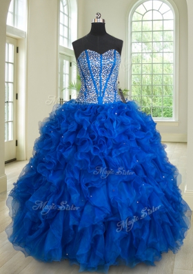 Four Piece Royal Blue Sweet 16 Dresses Military Ball and Sweet 16 and Quinceanera and For with Beading and Ruffles Sweetheart Sleeveless Lace Up
