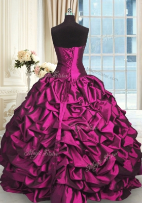 Free and Easy Floor Length Fuchsia 15th Birthday Dress Taffeta and Tulle Sleeveless Beading and Lace and Ruching and Pick Ups