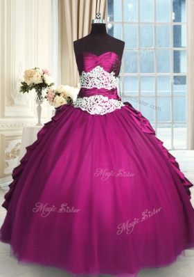 Free and Easy Floor Length Fuchsia 15th Birthday Dress Taffeta and Tulle Sleeveless Beading and Lace and Ruching and Pick Ups