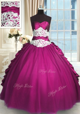 Free and Easy Floor Length Fuchsia 15th Birthday Dress Taffeta and Tulle Sleeveless Beading and Lace and Ruching and Pick Ups