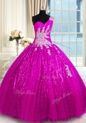 Fuchsia Ball Gowns One Shoulder Sleeveless Lace Floor Length Lace Up Appliques 15th Birthday Dress