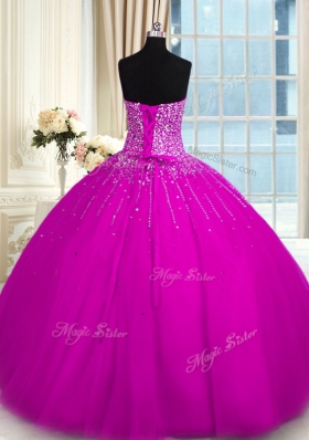 Fuchsia Lace Up Sweetheart Beading 15th Birthday Dress Tulle Sleeveless