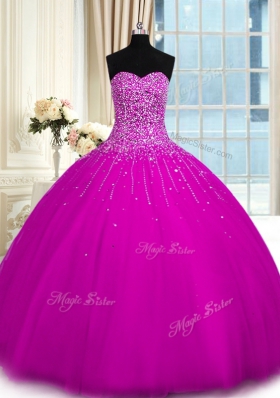 Fuchsia Lace Up Sweetheart Beading 15th Birthday Dress Tulle Sleeveless
