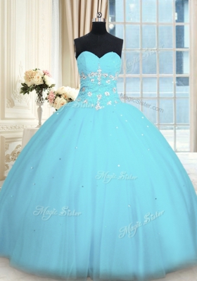 Glittering Light Blue Tulle Lace Up 15th Birthday Dress Sleeveless Floor Length Appliques