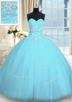 Glittering Light Blue Tulle Lace Up 15th Birthday Dress Sleeveless Floor Length Appliques