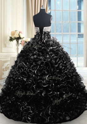 Graceful Sweetheart Sleeveless Brush Train Lace Up Sweet 16 Dresses Black Organza