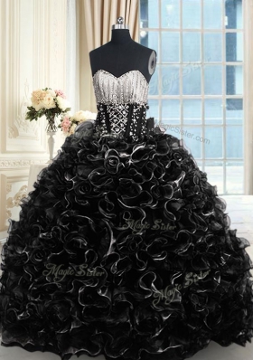 Graceful Sweetheart Sleeveless Brush Train Lace Up Sweet 16 Dresses Black Organza