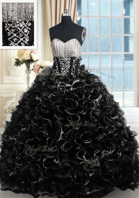 Graceful Sweetheart Sleeveless Brush Train Lace Up Sweet 16 Dresses Black Organza