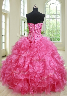 Ideal Hot Pink Sleeveless Beading and Ruffles Floor Length Quinceanera Dresses