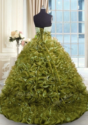 Lovely With Train Olive Green 15th Birthday Dress Organza Brush Train Sleeveless Beading and Ruffles