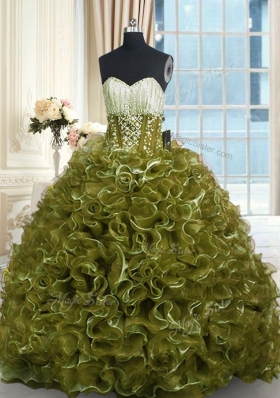 Lovely With Train Olive Green 15th Birthday Dress Organza Brush Train Sleeveless Beading and Ruffles
