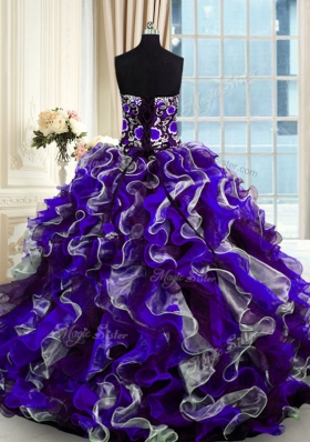 Multi-color Lace Up Sweetheart Beading and Ruffles Quince Ball Gowns Organza Sleeveless