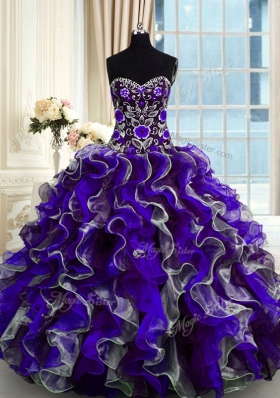 Multi-color Lace Up Sweetheart Beading and Ruffles Quince Ball Gowns Organza Sleeveless