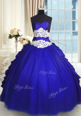 New Arrival Floor Length Lace Up Ball Gown Prom Dress Royal Blue and In for Military Ball and Sweet 16 and Quinceanera with Beading and Lace and Appliques and Ruching and Pick Ups