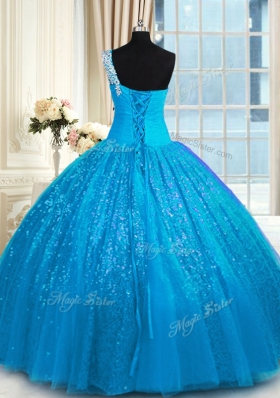 One Shoulder Baby Blue Sleeveless Floor Length Appliques Lace Up 15 Quinceanera Dress