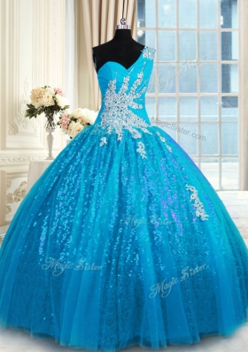 One Shoulder Baby Blue Sleeveless Floor Length Appliques Lace Up 15 Quinceanera Dress
