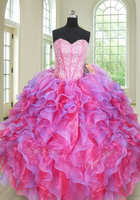 Perfect Three Piece Ball Gowns 15th Birthday Dress Multi-color Sweetheart Organza Sleeveless Floor Length Lace Up