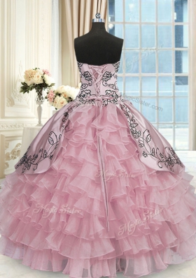 Pink Lace Up Quinceanera Gown Beading and Embroidery and Ruffled Layers Sleeveless Floor Length