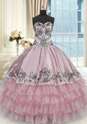 Pink Lace Up Quinceanera Gown Beading and Embroidery and Ruffled Layers Sleeveless Floor Length