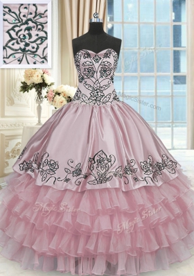 Pink Lace Up Quinceanera Gown Beading and Embroidery and Ruffled Layers Sleeveless Floor Length