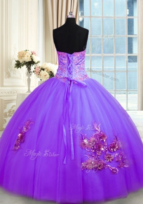 Purple Sweetheart Lace Up Beading and Appliques and Embroidery Ball Gown Prom Dress Sleeveless