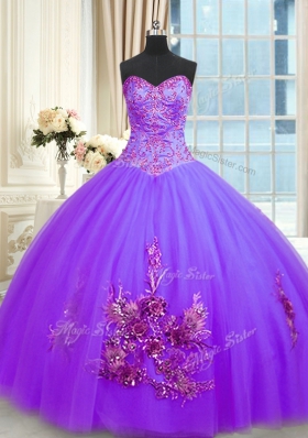 Purple Sweetheart Lace Up Beading and Appliques and Embroidery Ball Gown Prom Dress Sleeveless