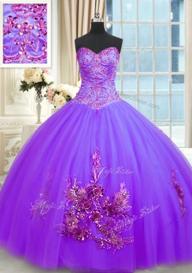 Purple Sweetheart Lace Up Beading and Appliques and Embroidery Ball Gown Prom Dress Sleeveless