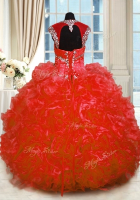 Red Ball Gowns Organza Straps Cap Sleeves Beading and Ruffles Floor Length Lace Up 15th Birthday Dress