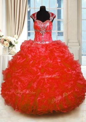 Red Ball Gowns Organza Straps Cap Sleeves Beading and Ruffles Floor Length Lace Up 15th Birthday Dress