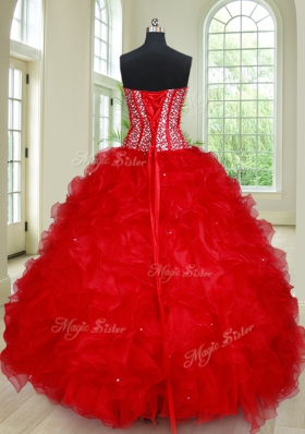 Red Organza Lace Up Ball Gown Prom Dress Sleeveless Floor Length Beading and Ruffles