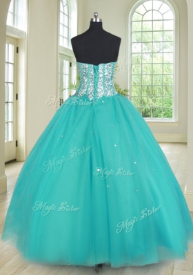 Simple Sweetheart Sleeveless Ball Gown Prom Dress Floor Length Beading Aqua Blue Tulle