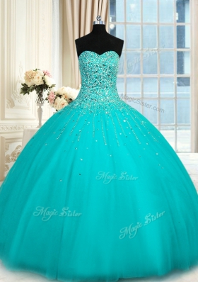 Sleeveless Tulle Floor Length Lace Up Quinceanera Gowns in Turquoise for with Beading