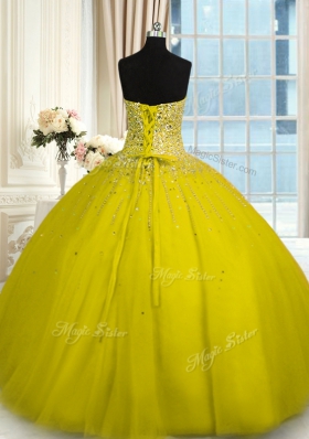 Sleeveless Tulle Floor Length Lace Up Sweet 16 Quinceanera Dress in Olive Green for with Beading