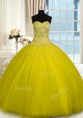Sleeveless Tulle Floor Length Lace Up Sweet 16 Quinceanera Dress in Olive Green for with Beading