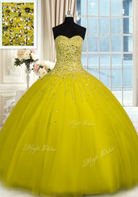 Sleeveless Tulle Floor Length Lace Up Sweet 16 Quinceanera Dress in Olive Green for with Beading