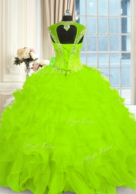 Straps Cap Sleeves Sweet 16 Dress Floor Length Beading and Ruffles Organza