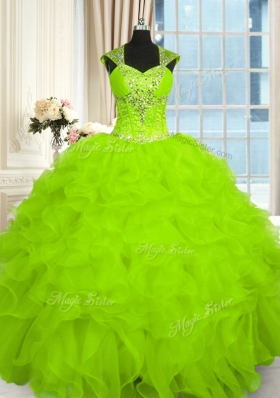 Straps Cap Sleeves Sweet 16 Dress Floor Length Beading and Ruffles Organza