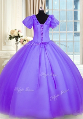 Superior Short Sleeves Organza Floor Length Lace Up Quinceanera Dress in Lavender for with Appliques