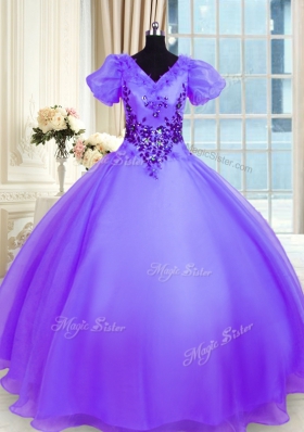 Superior Short Sleeves Organza Floor Length Lace Up Quinceanera Dress in Lavender for with Appliques